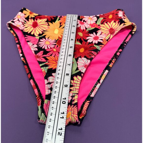 Wild Fable-Women's Ribbed High Waist High Leg Cheeky Bikini Bottom-Black/Pink-XS - Picture 7 of 12